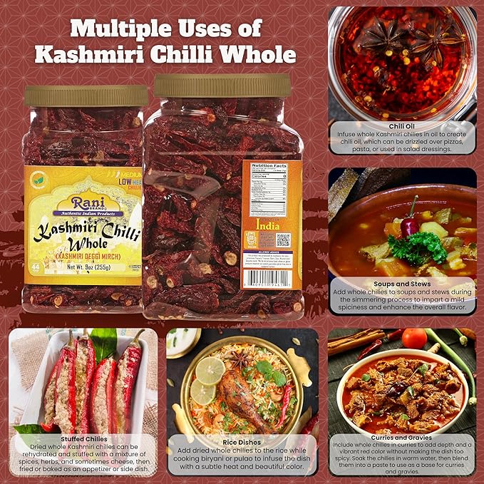 Rani Kashmiri Chilli Whole (Deggi Mirch, Low Heat) 9oz (255g) PET Jar ~ Natural | Salt-Free | Vegan | No Colors | Gluten Friendly | NON-GMO | Kosher | Indian Origin