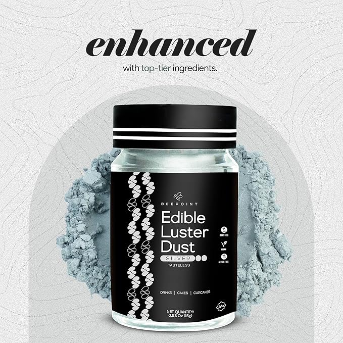 BeePoint Silver Edible Luster Dust 15g - Food Grade, Vibrant Color Shimmer Powdered Dust for Drinks, Cocktails, Cake Decorating, Baking, Chocolates, Candy, Sweets, & Cookies - Vegan & Gluten Free