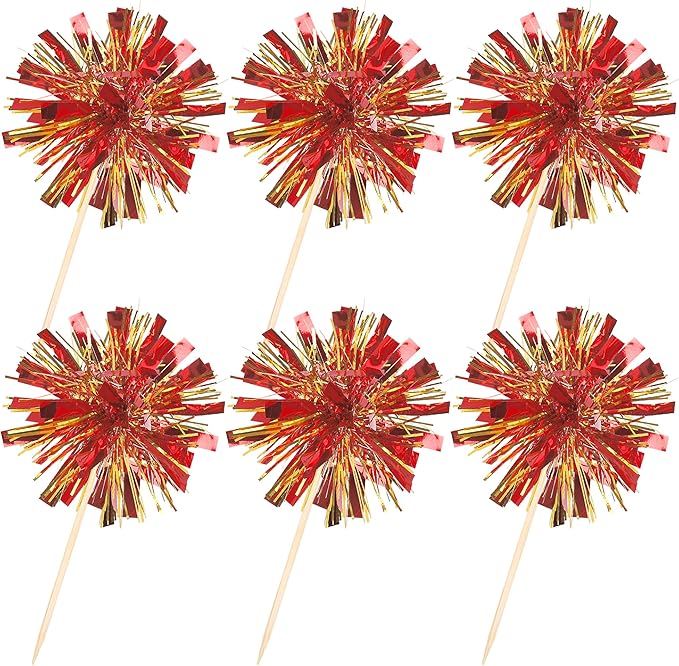 Rsstarxi 30 Pack Foil Firework Cupcake Toppers Sparkle Tinsel Drink Cake Decorations Cocktail Picks for New Years Valentine's Day Birthday Wedding Graduation Party Decorations Gold Red