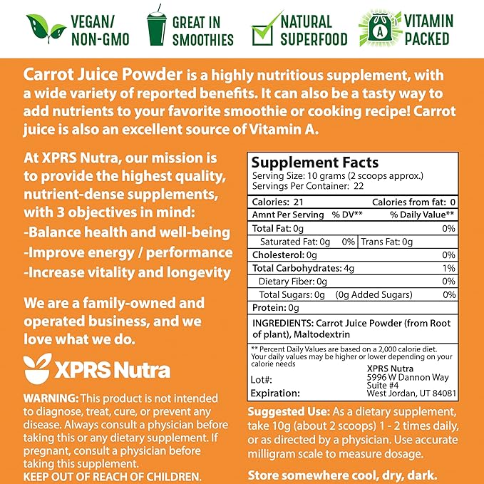 XPRS Nutra 100% Natural Carrot Juice Powder - Pure Carrot Powder from The USA - Ideal for Juice and Smoothie - High in Vitamin A, Phytonutrients and Antioxidants - Non-GMO (8 oz)