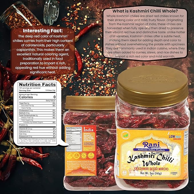 Rani Kashmiri Chilli Whole (Deggi Mirch, Low Heat) 5oz (141g) PET Jar ~ Natural | Salt-Free | Vegan | No Colors | Gluten Friendly | NON-GMO | Kosher | Indian Origin
