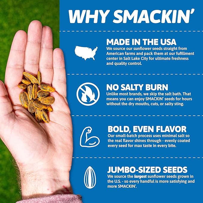 SMACKIN' - Jumbo Roasted Sunflower Seeds, No Salty Burn, American Made, Easy Pour & Seal - Variety Pack, 4oz bag (12 Bags)