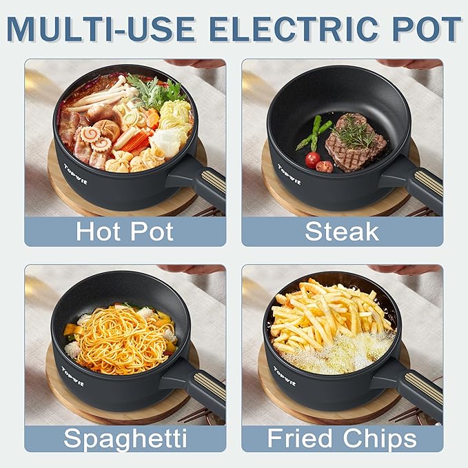 TOPWIT Hot Pot Electric, 2L Electric Pot, Non-Stick Saut챕 Pan, Portable Cooker for Steak, Egg, Fried Rice, Ramen, Soup with Dual Power Control (Silicone Spatula Included), Grey