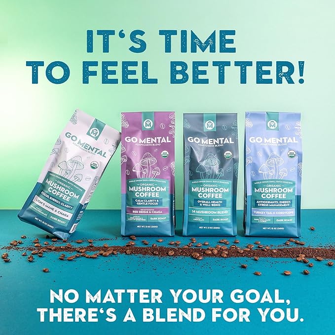 Organic Mushroom Decaffeinated Coffee Dark Roast, Red Reishi & Chaga, Swiss Water Process, Full Fruiting Bodies, Decaf for Calm and Relaxed Focus Grade 1 Single Origin Peruvian, 12oz - Ground