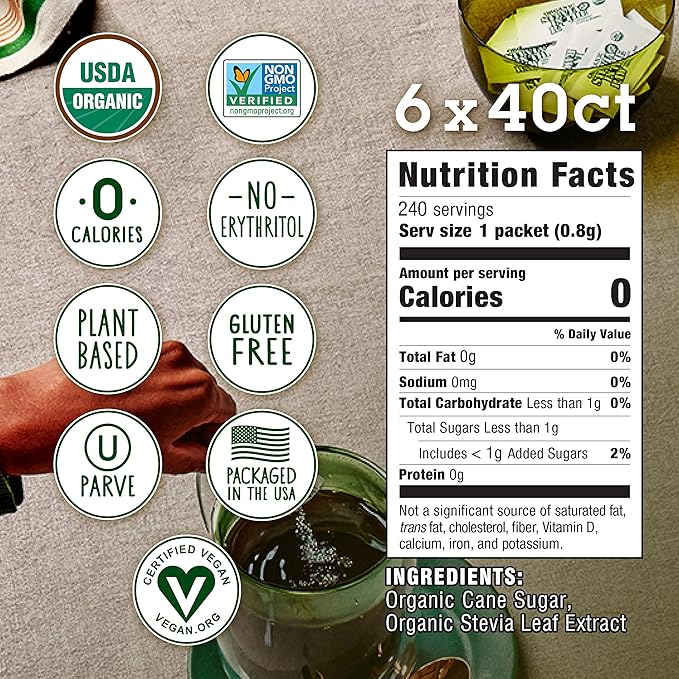 Organic Stevia In The Raw, Plant Based Zero Calorie Natural Sweetener, No Erythritol, Sugar Substitute, Sweetener for Coffee, Hot & Cold Drinks, Non-GMO, Vegan, Gluten-Free, 40 Count Packets (6 Pack)