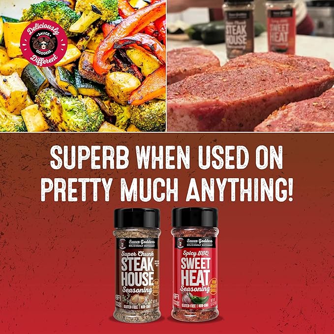 Sauce Goddess - Spicy BBQ Sweet Heat & Super Chunk Steakhouse Shaker Duo - Premium Spices, No MSG, No Additives - Meat & Veggies Seasoning 2-Pack