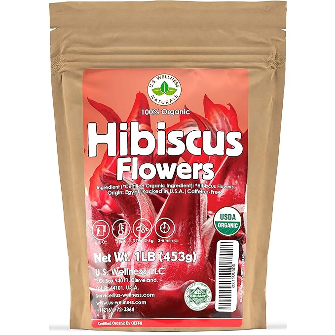 Hibiscus Tea 1LB (16Oz) 100% CERTIFIED Organic Hibiscus Flowers Herbal Tea (WHOLE PETALS), Caffeine Free in 1 lbs. Bulk Resealable Kraft BPA free Bags from U.S. Wellness