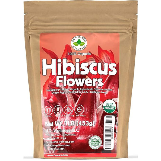 Hibiscus Tea 1LB (16Oz) 100% CERTIFIED Organic Hibiscus Flowers Herbal Tea (WHOLE PETALS), Caffeine Free in 1 lbs. Bulk Resealable Kraft BPA free Bags from U.S. Wellness