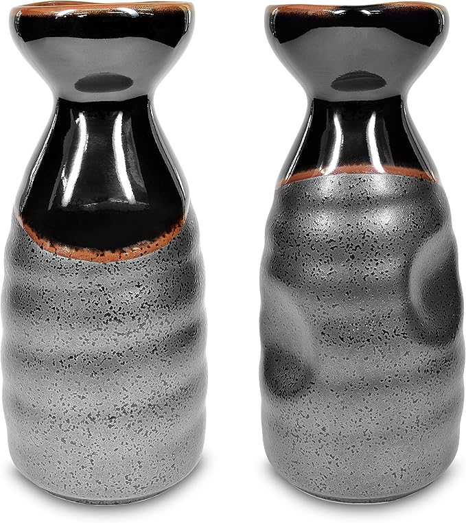 Product of Gifu Japan Japanese Sake Set, 1 Tokkuri Bottle Carafe and 4 Ochoko Cups Ceramic Sake Glasses, 5 Piece Set, Black Kuro Oribe