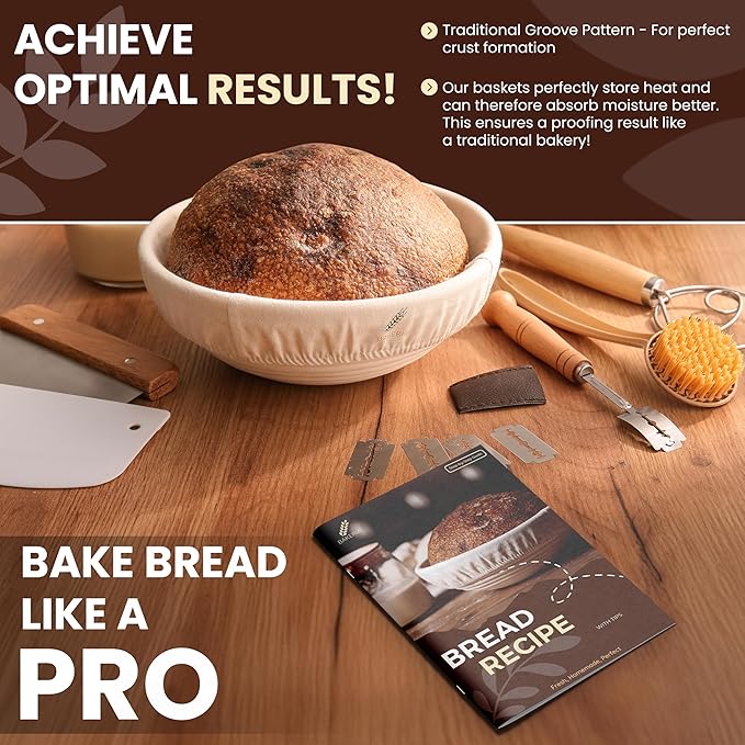 BAKERIA 9" Banneton Proofing Basket Kit (Round) ??Sourdough Bread Making Set with Danish Whisk, Bread Lame + 5 Blades, 2 Scrapers, Brush, Linen Liner & Recipe Book ??No Starter Culture