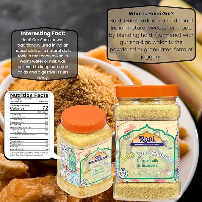 Rani Haldi Gur Shakkar (Turmeric with Indian Jaggery) Indian Unrefined Raw Cane Sugar 17.5oz (1.1lbs) 500g PET Jar ~ Gluten Friendly | Vegan | NON-GMO | Kosher | No Salt or fillers | Indian Product