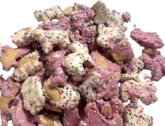 Pink and White Yogurt Coated Animal Crackers - 1 lb of Fresh Gourmet Sweet Creamy Covered Dipped Animal Crackers with Rainbow Non Pareil Beads in Resealable Bag