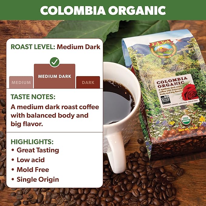 Low Acid Organic Coffee ??Whole Bean, Mold-Free & Stomach Friendly by Java Planet, Colombian Single Origin, Medium Dark Roast, Smooth Full Flavored, 5LB Bag