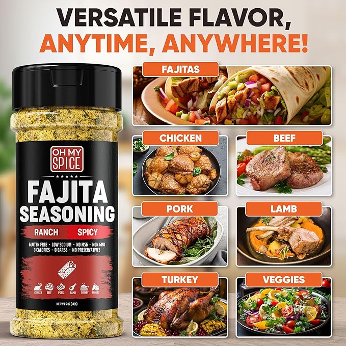 Fajita Seasoning Mix Spicy Ranch Seasoning Powder - Gluten Free & Low Sodium Mexican Seasonings Blend for Meat, Vegetables, Steak & Chicken Fajita. Hot Ranch Fajitas Seasonings Spices. Taco Mix. 5oz