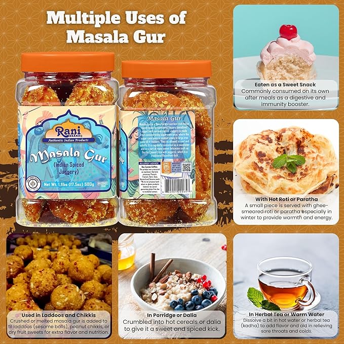 Rani Masala Gur (Jaggery) Indian Unrefined Raw Cane Sugar 17.5oz (1.1lbs) 500g PET Jar ~ Gluten Friendly | Vegan | NON-GMO | Kosher | No Salt or fillers | Indian Product