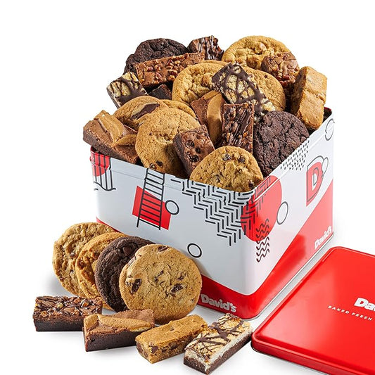 David's Cookies 5lb Assorted Cookies & Brownies Tin Gift Basket ??Fresh-Baked Delicious Gourmet Treats for Sharing | Ideal Party Pack Gift Basket for Family, Friends, Holidays, & Special Occasions