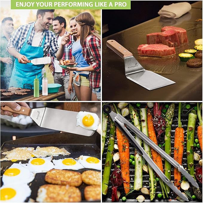 Metal Spatula Set - Griddle Accessories kit - Grill Flat Spatula Pancake Flipper Hamburger Turner - Metal Utensil Great for BBQ Grill Flat Top - Cast Iron Griddle Accessories - Commercial Grade