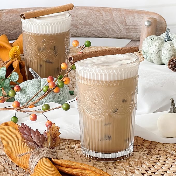 Kate Aspen Vintage Textured Clear Striped Drinking Glasses Set of 6, (13 oz) Ribbed Glassware Set with Flower Design | Cocktail Set, Glass Cups, Iced Coffee Cup