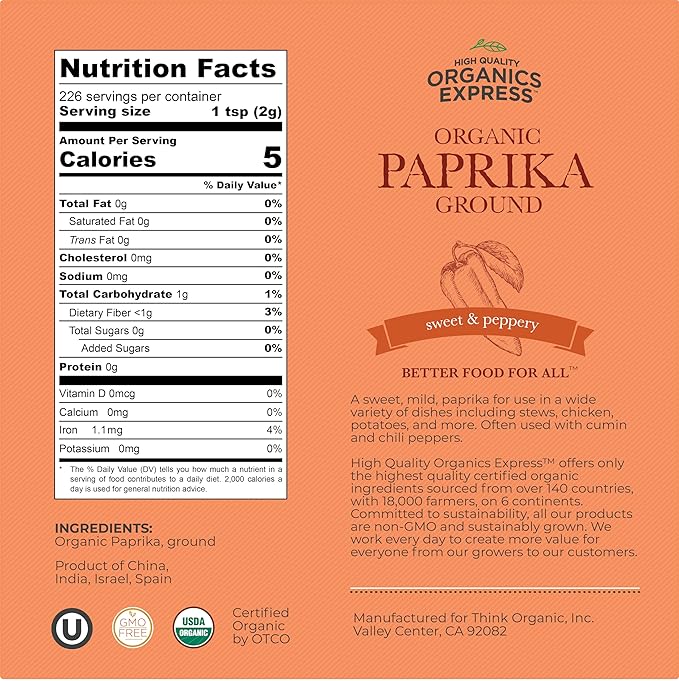 HQOExpress Organic Paprika ??Non GMO, Kosher, USDA Certified Organic Ground Paprika Powder ??Sweet and Mildly Spicy Seasoning for Soups, Chilis, Sauces and Stews, 18 oz. Chef Jar