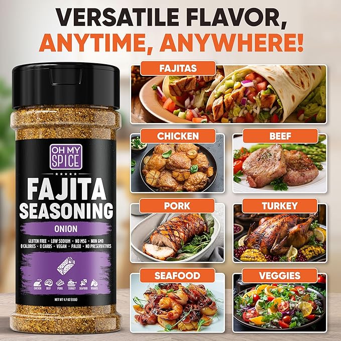 Fajita Seasoning Mix Onion Powder Seasoning - Gluten Free & Low Sodium Mexican Seasonings Blend for Meat & Vegetables, Fish, Steak & Chicken Fajita. Taco Mix Spices. Fajitas Seasonings Spice. 4.7oz
