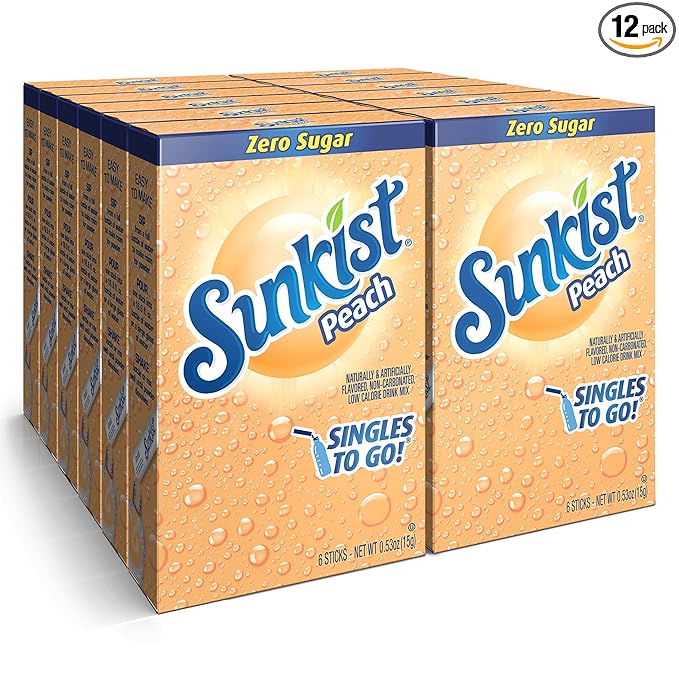 Sunkist Soda SINGLES TO GO! Drink Mix In 12 Boxes with 6 Packets Each (NonCarbonated and Sugar Free), Peach, 72 Count