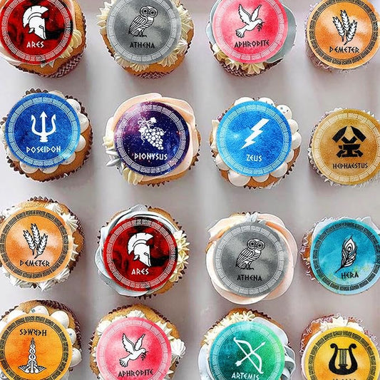 48 Pcs Edible Greek Mythology Cupcake Toppers Wafer Paper Greek Mythology Party Decorations Fit for Drink Topper Greek Gods Birthday, Ancient Greek Party Decor, Percy Jackson Birthday Party Decor