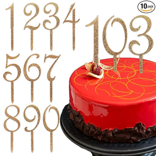 10 PCS Gold Acrylic Cake Topper Numbers - Large Sturdy Number Cake Decorations, Happy Birthday Decor for All Ages, Men and Women, Custom Toppers from 1st Birthday to 100+