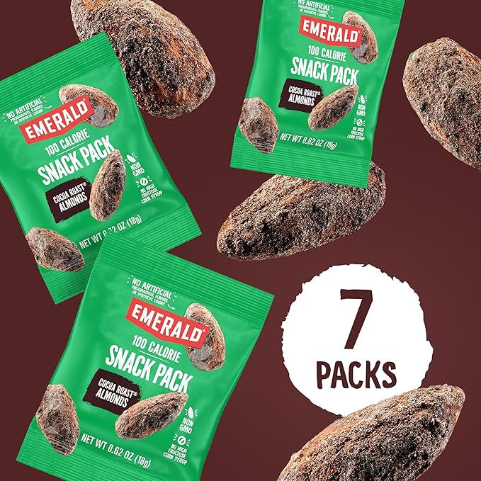 Emerald Nuts Cocoa Roast Almonds 7 Ct (1-Pack), 100-Calorie Individual Packs, Kosher Certified, Non-GMO, Contains No Artificial Preservatives, Flavors or Synthetic Colors