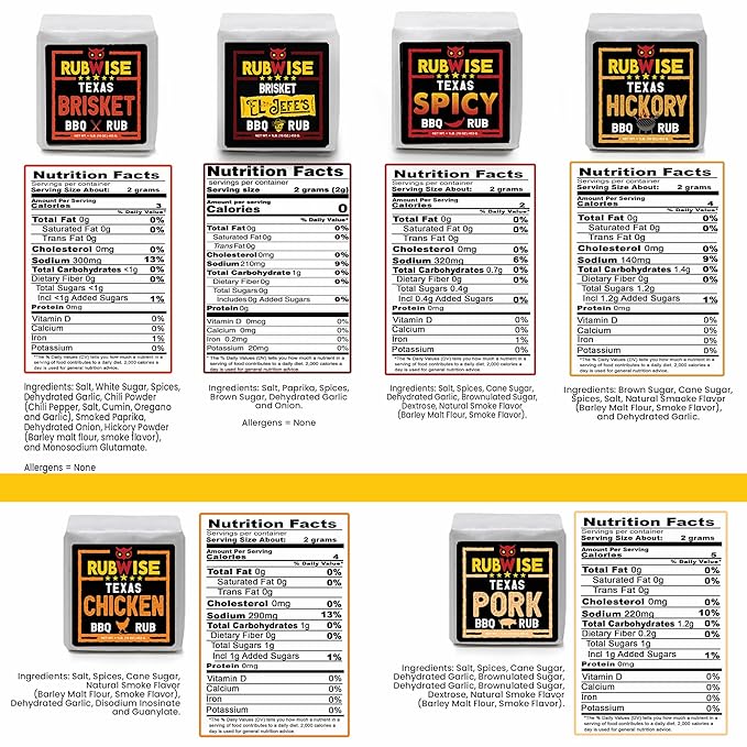 RubWise Texas Style BBQ Rub Gift Set (6 x 1 lb bags) | Meat Spice and Seasoning Variety Pack | Smoking & Grilling Gifts for Men | Brisket Rubs, Chicken, Pork, Hickory, Spicy, El Jefe | Shaker Included