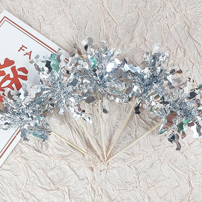 10PCS Sliver Foil Firework Cupcake Toppers, Takemay Happy Birthday Cake Toppers, Sparkle Tinsel Flower Drink Stirrers Cocktail Food Fruit Toothpicks for Party Birthday Wedding Ceremony