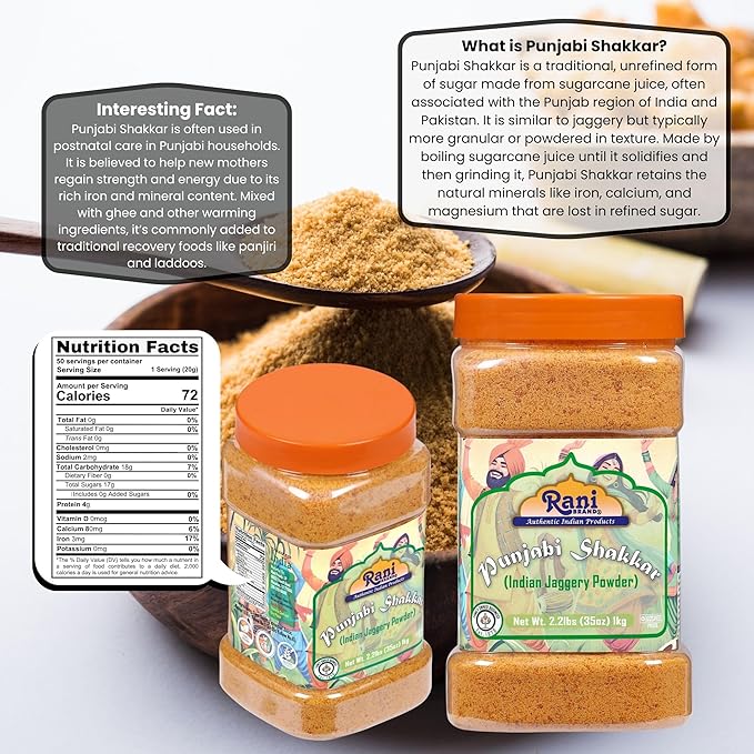 Rani Punjabi Shakkar (Gur Jaggery Powder) Indian Unrefined Raw Cane Sugar 35oz (2.2lbs) 1kg PET Jar ~ Gluten Friendly | Vegan | NON-GMO | Kosher | No Salt or fillers | Indian Product