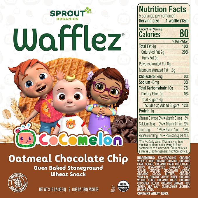 Sprout Organics, Toddler Snacks, Oatmeal Chocolate Chip Waffles, Single Serve Waffles (50 Count)