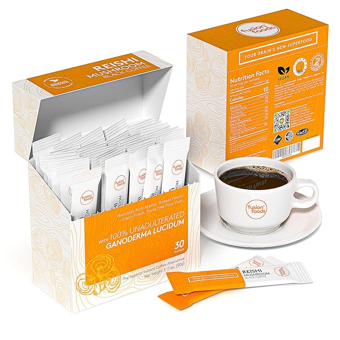 Reishi Mushroom Black Coffee by fusion foods™ | All Natural Unadulterated Reishi Mushroom Ganoderma | Robust Aroma & Taste - 30 counts