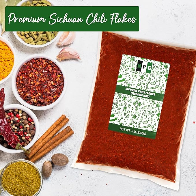 NPG Authentic Sichuan Chili Flakes 5 LB Bulk, Medium Hot, Szechuan Crushed Red Pepper Flakes Bulk, Essential Spice Seasoning for Making Kimchi, Chili Oil, Stir-fry, Pizza, Salads, and Tacos