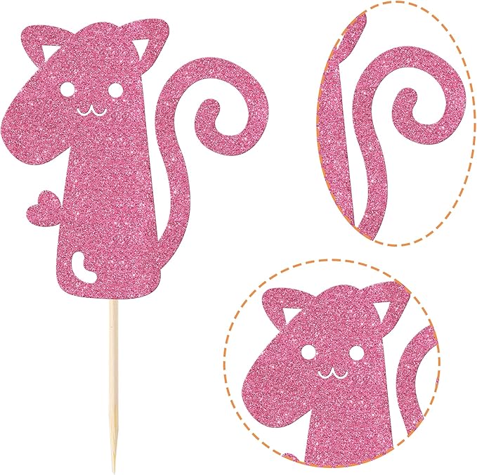 1 Pack Cat Cake Topper 1st Birthday Cake Pick Glitter Cute Pet Cat Cake Decoration for Baby Shower Kids First Birthday Wedding Party Cake Decorations Supplies Pink
