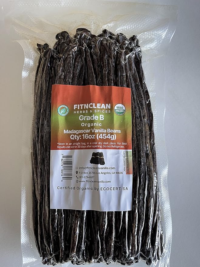 1 Lb Organic Madagascar Vanilla Beans Grade B. Certified USDA Organic 6"-7" by FITNCLEAN VANILLA. 16 oz Whole NON-GMO Bourbon Pods