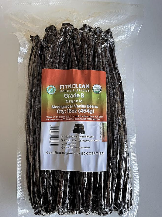 1 Lb Organic Madagascar Vanilla Beans Grade B. Certified USDA Organic 6"-7" by FITNCLEAN VANILLA. 16 oz Whole NON-GMO Bourbon Pods