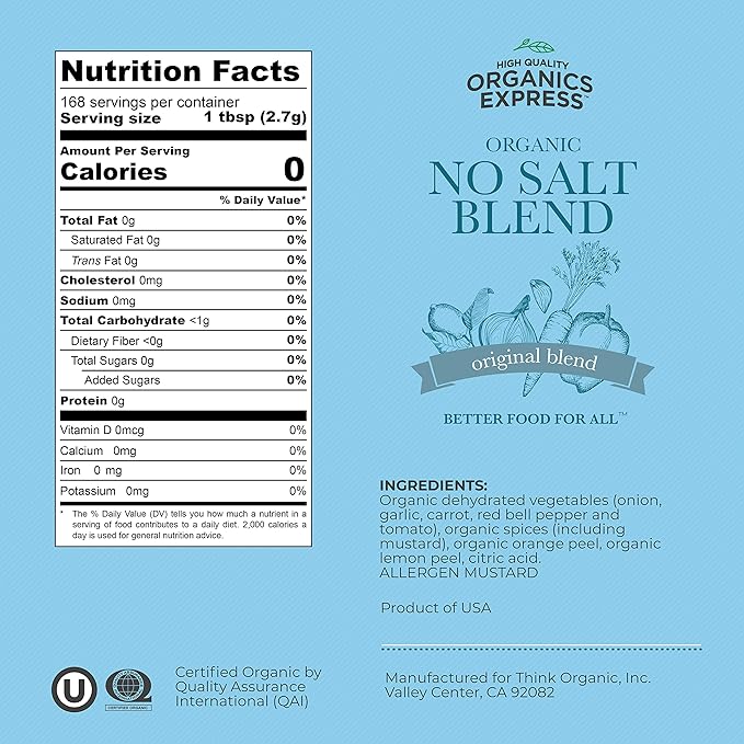 No Salt All Purpose Organic Seasoning, 100% Sodium Free, No MSG, For Vegetables, Chicken, Fish, Salads, Eggs, Rice, Pasta - Non GMO, Kosher, Great Value 1 Lb