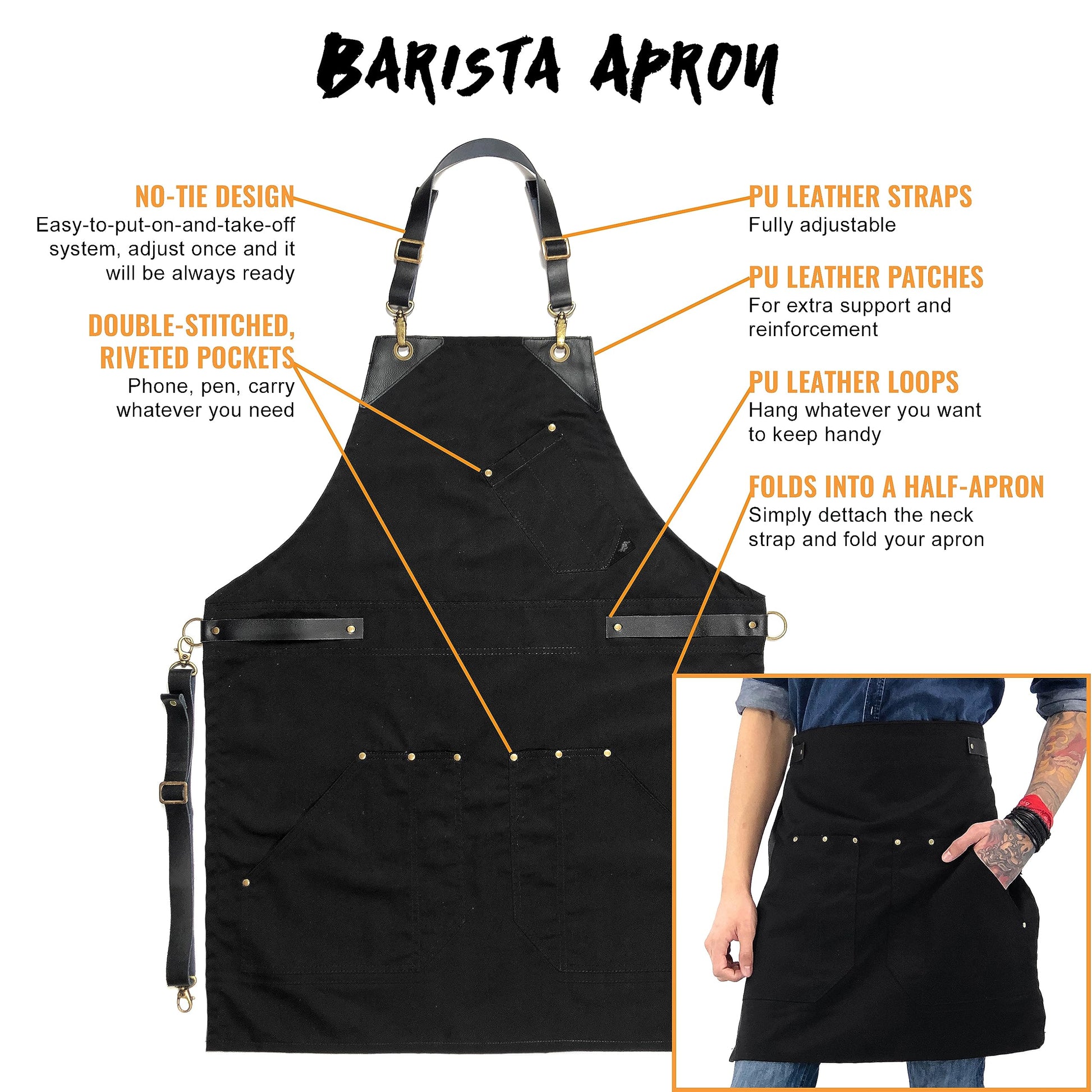 Under NY Sky Barista Apron, Detachable Leather Straps, Riveted - Black
