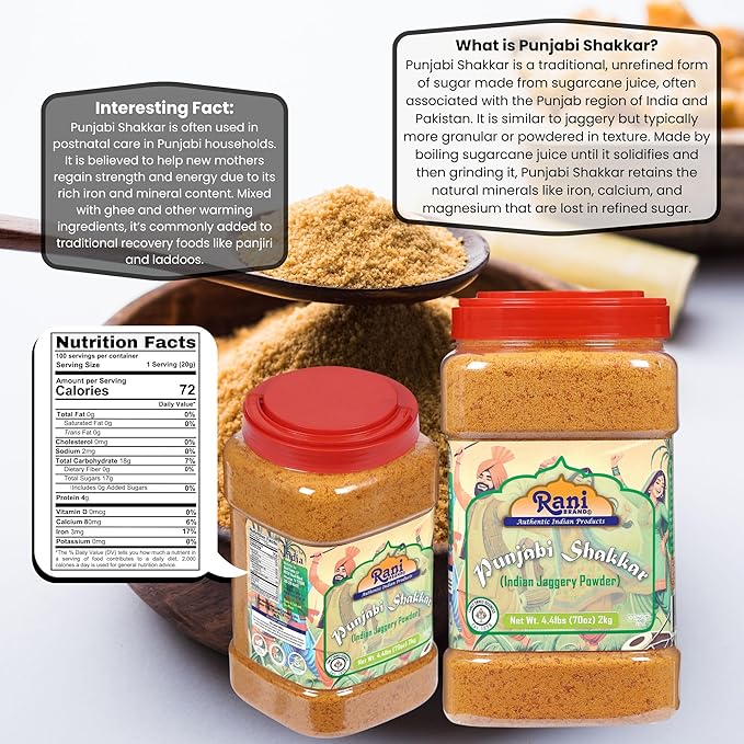 Rani Punjabi Shakkar (Gur Jaggery Powder) Indian Unrefined Raw Cane Sugar 70oz (4.4lbs) 2kg PET Jar ~ Gluten Friendly | Vegan | NON-GMO | Kosher | No Salt or fillers | Indian Product
