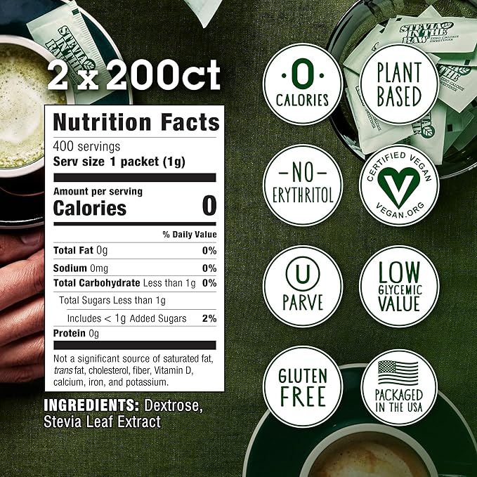 Stevia In The Raw, Plant Based Zero Calorie Sweetener, No Erythritol, Sugar Substitute for Coffee, Hot & Cold Drinks, Suitable For Diabetics, Vegan, Gluten-Free, 200 Count Packets (Pack of 2)