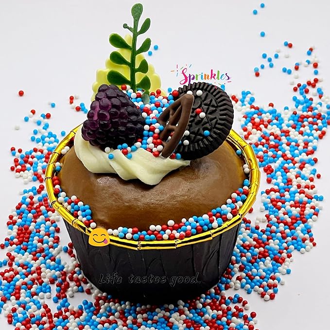 SE Si&Moos 4th of July Nonpareil Sprinkles, 2mm Red White and Blue Mini Edible Pearls Patriotic Sprinkles Independence Day Cupcake Decorations Red White Blue Nonpareils Wedding Shower Party Christmas Holiday Supplies 3.5 OZ