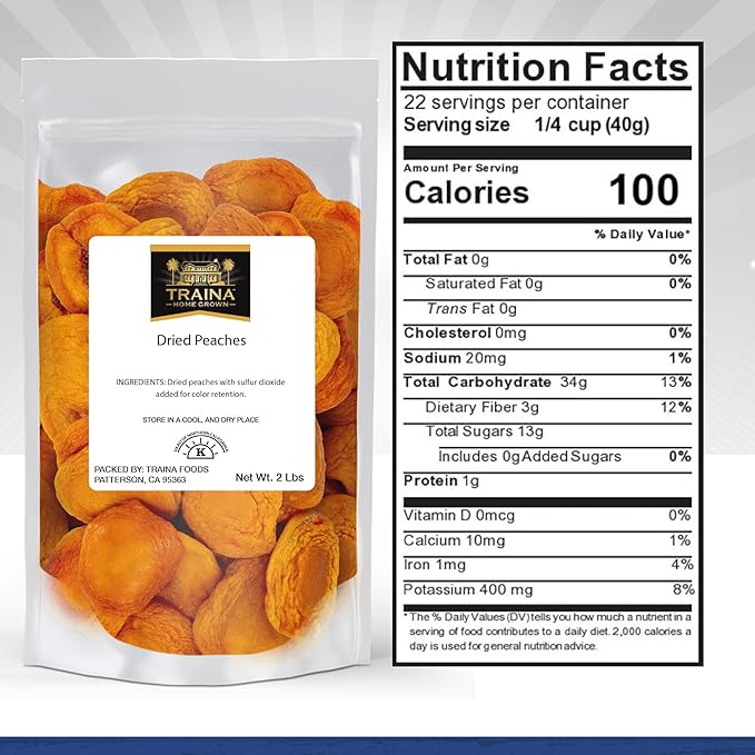 Traina Home Grown California Extra Fancy Sun Dried Peach Halves - Healthy, No Sugar Added, Non GMO, Gluten Free, Vegan, Packed in Resealable Pouch (2 lbs)
