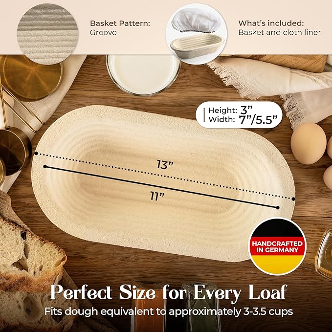 13" Oval Wood Pulp Banneton Bread Proofing Basket ??1.5LB Brotform, Grooved Pattern??Non-Stick Natural Wood Pulp Pressed for Durability??Made in Germany Proofing Basket for Sourdough Bread Baking