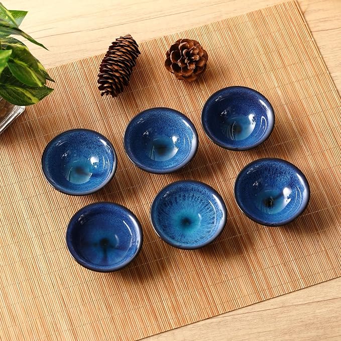 Skyley 6 Pieces Korean Soju Shot Glasses Sets Porcelain Cups Korean Ceramic Cups Tea Accessories Drinkware, Handcrafted Ceramic(Blue,Starry Sky Pattern)