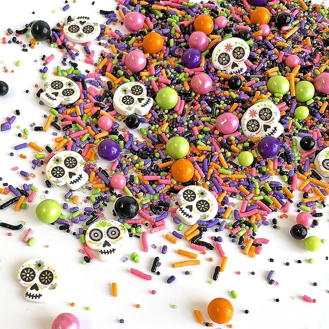 Sprinkle Pop Dia De Los Muertos Sprinkle Mix| Black Pink Purple Lime Orange Sprinkles| Halloween Sprinkles with ~12 Day of the Dead Sugar Skulls Made in USA for Decorating Cake Cookies Cupcakes, 4oz