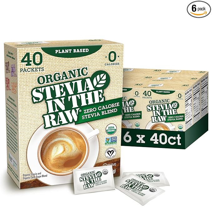 Organic Stevia In The Raw, Plant Based Zero Calorie Natural Sweetener, No Erythritol, Sugar Substitute, Sweetener for Coffee, Hot & Cold Drinks, Non-GMO, Vegan, Gluten-Free, 40 Count Packets (6 Pack)
