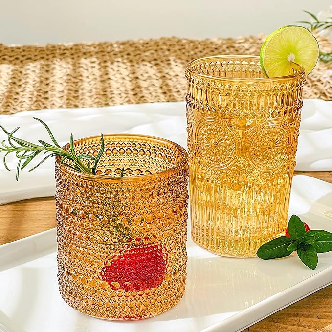 Kate Aspen Vintage Textured Amber Striped Drinking Glasses Set of 6-13 oz Ribbed Glassware with Flower Design | Cocktail Set, Juice Glass, Iced Coffee Cup