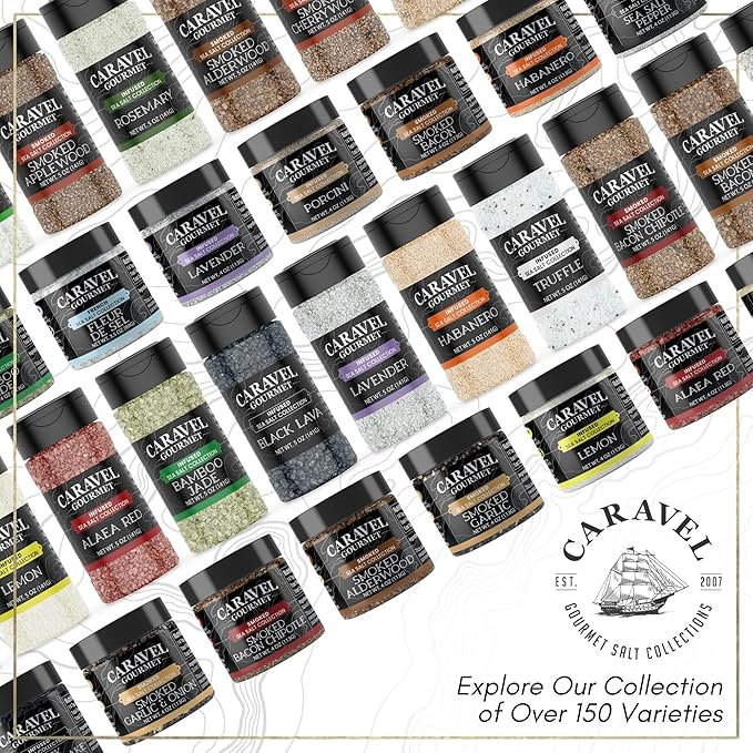 Infused Sea Salt Mega Sampler: Smoked Bacon Chipotle, Salt & Pepper, Garlic Herb, and Black Lava Sea Salts, 4 oz Jar 4-Pack, Caravel Gourmet