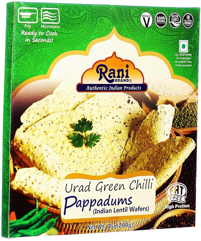 Rani Pappadums (Indian Lentil Wafer Snack) Green Chilli Papad 7oz (200g) Approximately 15pc, 7 inches ~ All Natural | Gluten Friendly | NON-GMO | Vegan | Indian Origin